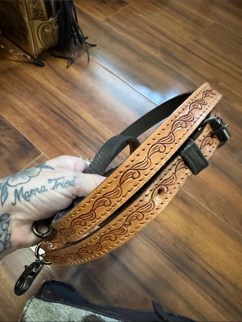 Cowhide Top-Handle Satchel in Brown and White - Picture 6 of 7